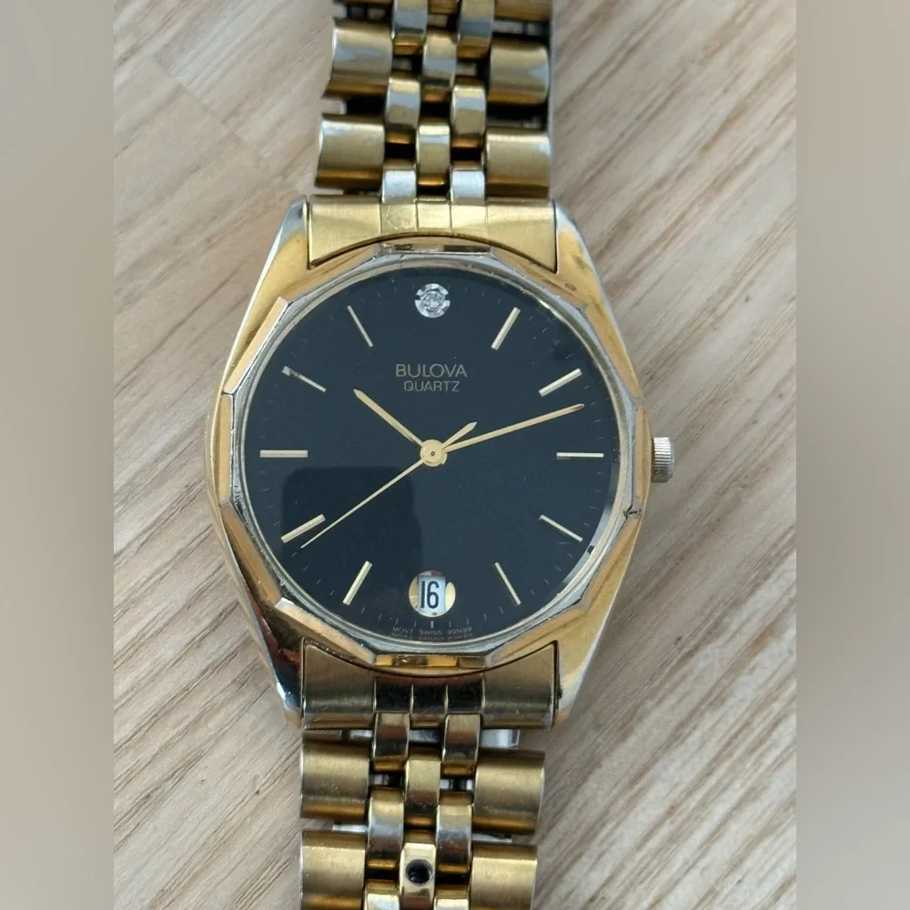 Bulova Vintage Diamond Watch Black Dial Gold Case Bracelet Date New Crystal